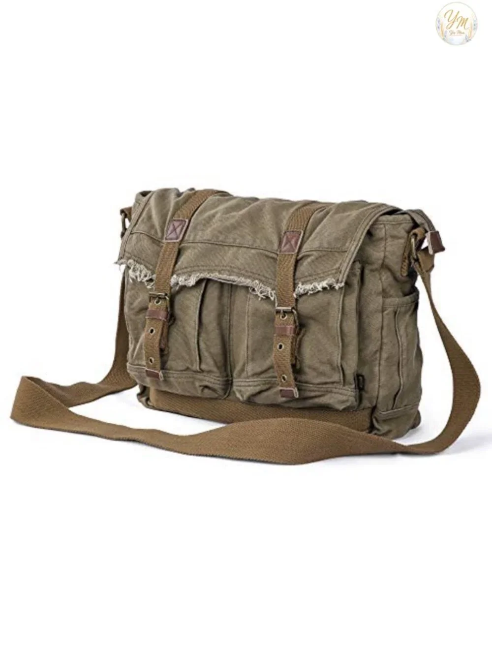 Canvas Messenger Bag Vintage Shoulder Bag Frayed Boho Purse with Leather Trim